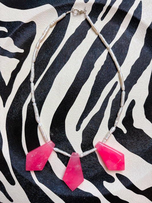 Pink Jade & Pearl Necklace - 17.75"